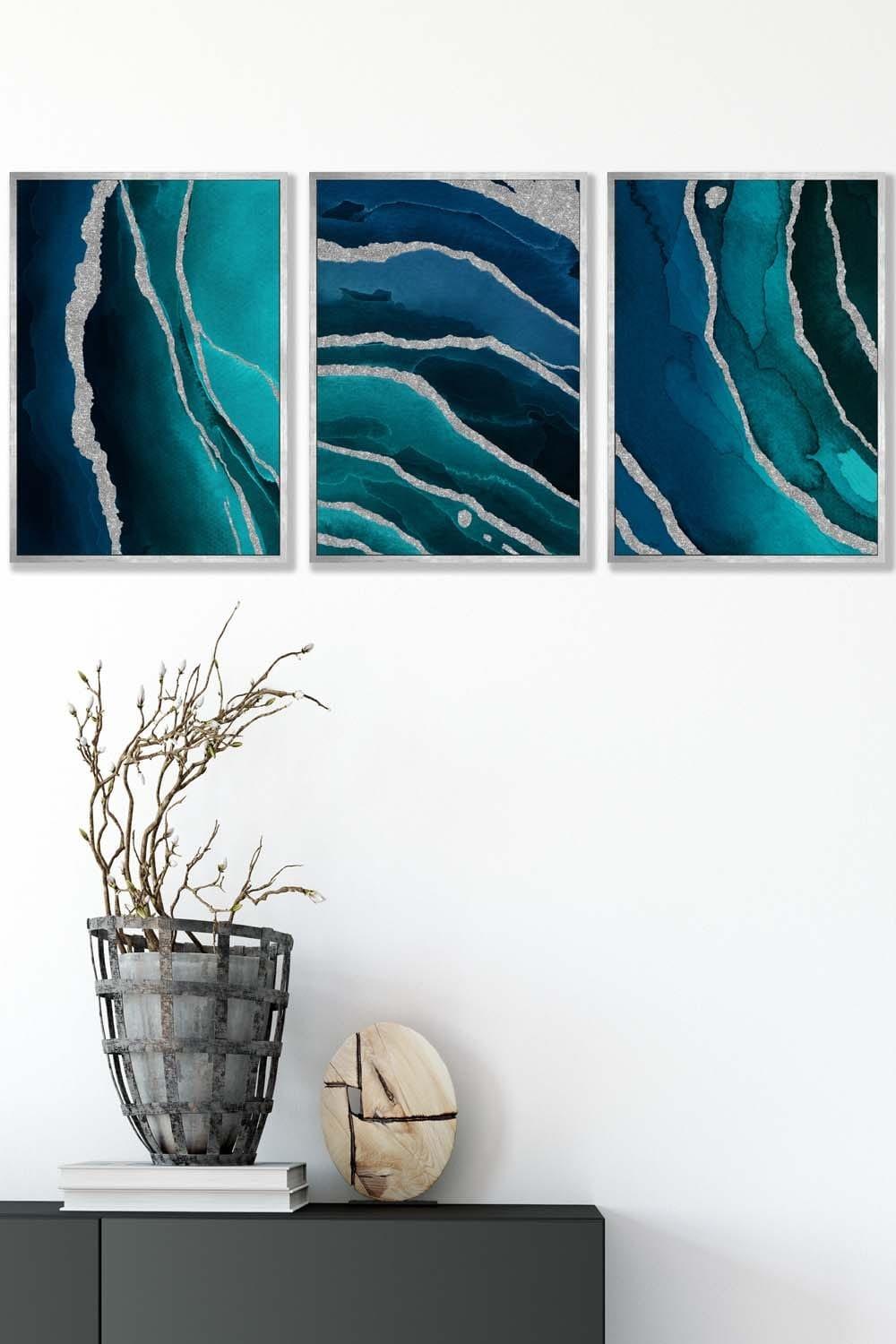 Abstract Teal Blue Silver Strokes Framed Wall Art - Medium